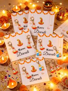 4/8pcs Diwali Candle & Lamp Keychain Set, Includes Alloy Candle/Lamp Keychain Pendant + Gift Card, Suitable For Diwali Festival Events, Theme Parties, Gift Souvenirs And Small Gifts - Multicolor - View 1