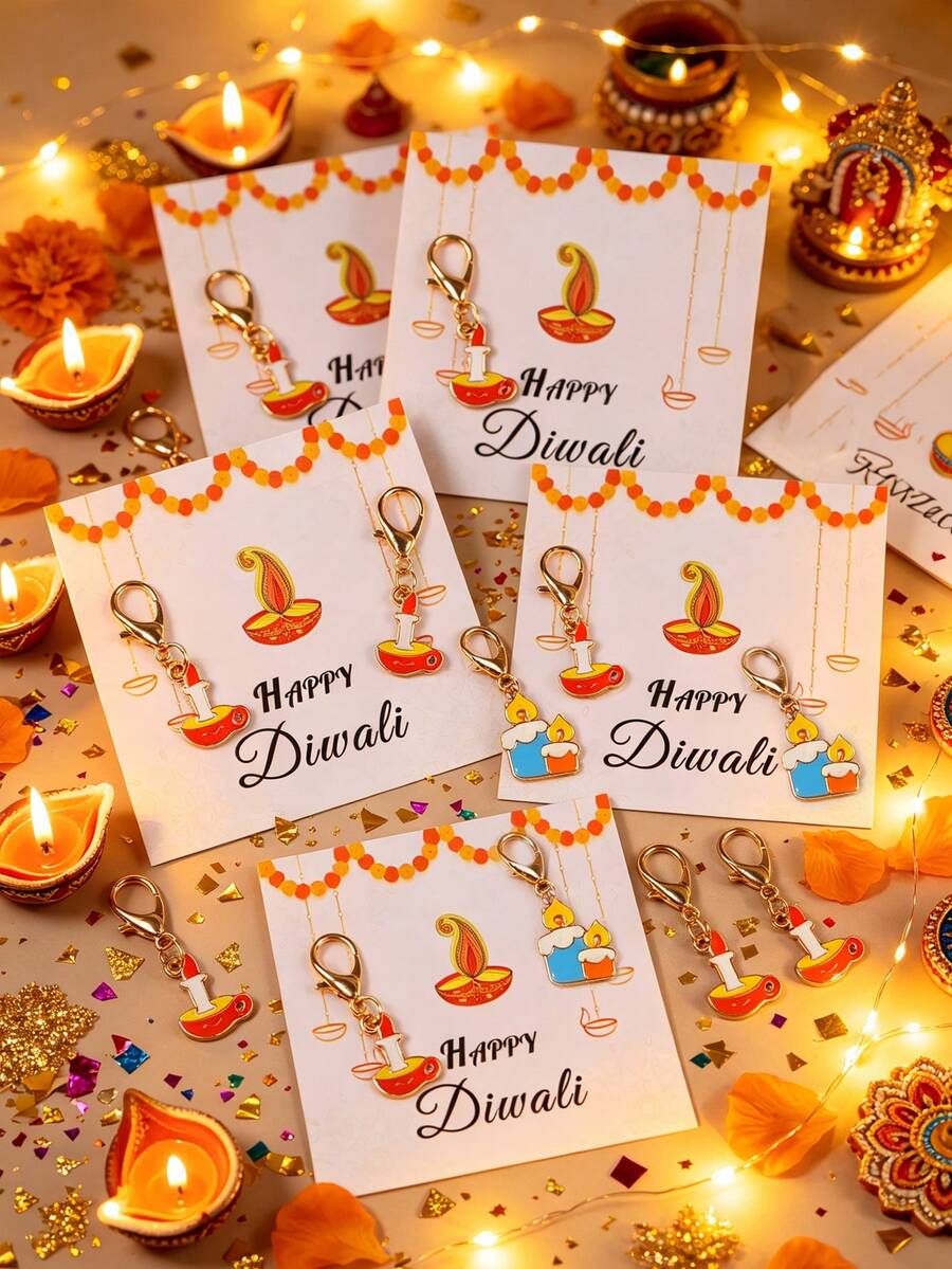 4/8pcs Diwali Candle & Lamp Keychain Set, Includes Alloy Candle/Lamp Keychain Pendant + Gift Card, Suitable For Diwali Festival Events, Theme Parties, Gift Souvenirs And Small Gifts - Multicolor - View 1