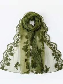 Olive Green Floral Embroidered Mesh Hijab With Soft Lace Trim, Breathable Muslim Headscarf, Simple Daily Commute Women's Veil - Multicolor - View 3