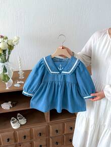 Miniweenns فستان جينز مطرز بياقة بحارة بأكمام طويلة كاجوال للخارج للبنات الصغيرات، 1 قطعة، ربيع/خريف - الأزرق - مشاهدة 3