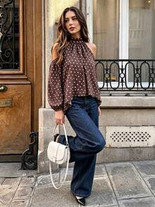 New Vintage French Style Women's Brown With White Polka Dot Halter Neck Cold Shoulder Top, Lazy Puff Sleeve Loose Flattering Polka Dot Blouse, Puff Sleeve Loose Asymmetrical Hem Commute Elegant Shirt For Women - Rust Brown - View 5