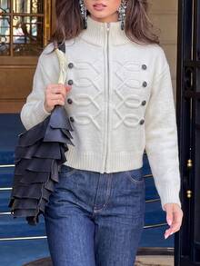 Women's Fashion White Knit Zipper Cardigan - Apricot - View 7