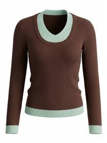 Korean Style Chic Color Block 2 In 1 V-Neck Knit Pullover Long Sleeve Sweater Women Fashion Slim Fit Elegant Knit Top Fall - Coffee and Green - View 6