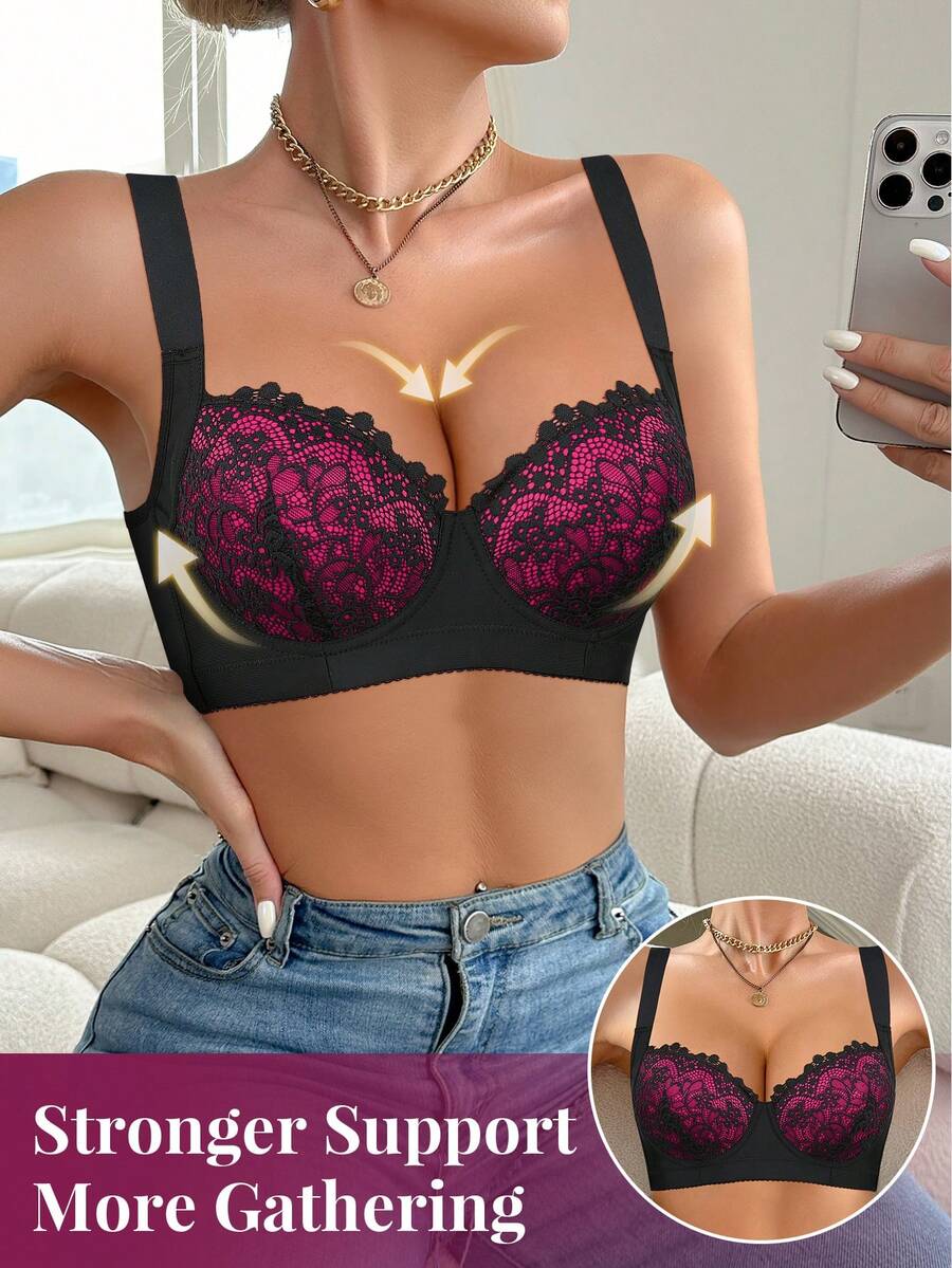 Women's Lace Push-Up Bra, Wide Comfortable Straps, Lift And Push Up Bust, Breathable Back, Perfect For Daily Wear