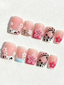 10 Buah Kuku Tempel Pendek Persegi Motif Bunga Hibiscus Hitam Tekstur Susu 3D Pink Putih dengan Hiasan Berlian Imitasi, Lucu, dan Segar Gaya Y2K yang Dilukis Tangan. - MultiWarna - View 3