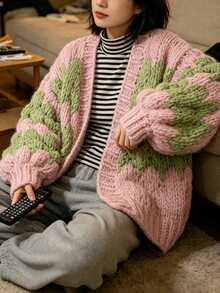 Women's New Long-Sleeve Loose Knit Cardigan For Spring  Autumn - Also Suitable For Winter  Fall Wear - Pink - View 5