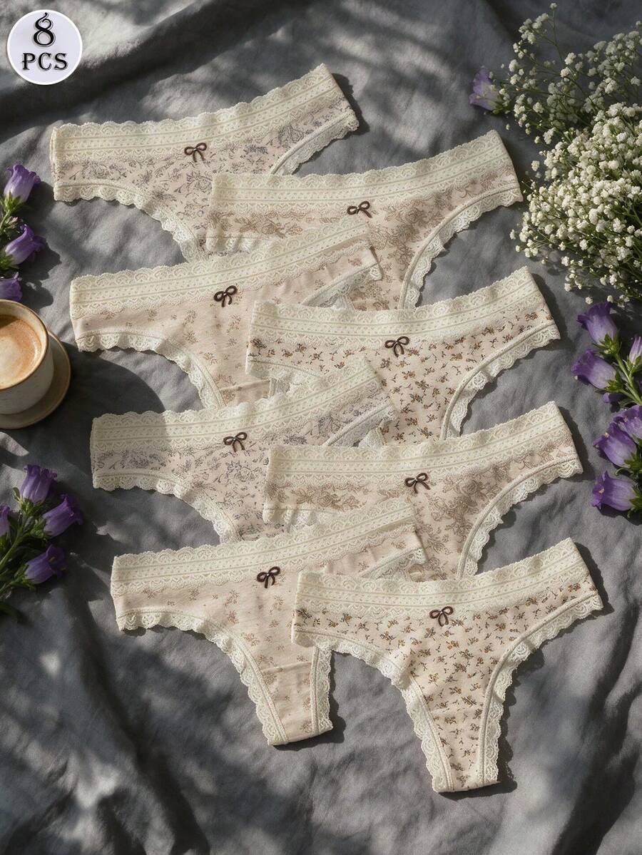 8PCS Floral Panties, Cotton Small Floral Thong, French Countryside Gentle Style, Everyday Girl Commute, Mix And Match Multiple Colors - Multicolor - View 1