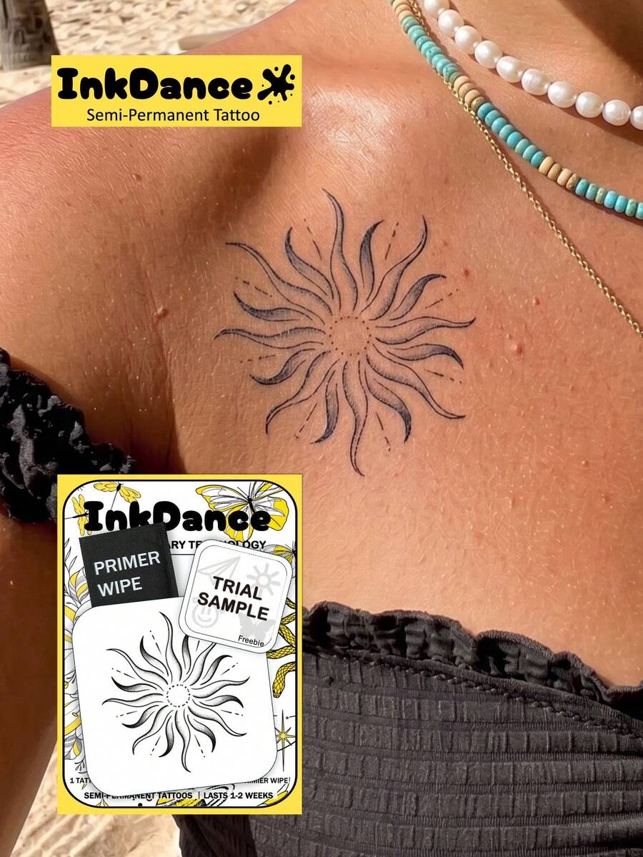 1 Set "Celestial Sun" New Technology Tattoo Stickers, Semi-Permanent Fine Line Style, Celestial Bohemian Mysterious Design, Sun & Moon Radiating Light Pattern, Temporary Tattoo Stickers, Waterproof Long-Lasting Realistic Design, Plant-Based Formula, Ink Dance, Gift X102 - Black - View 1