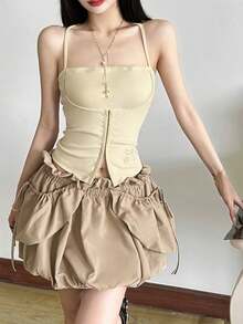 Fashionable Women's Knitted Spaghetti Strap Cropped Top, Slim Fit Bustier Style Camisole, Short Spaghetti Strap Tank Top, Suitable For Summer Outfits - Apricot - View 4
