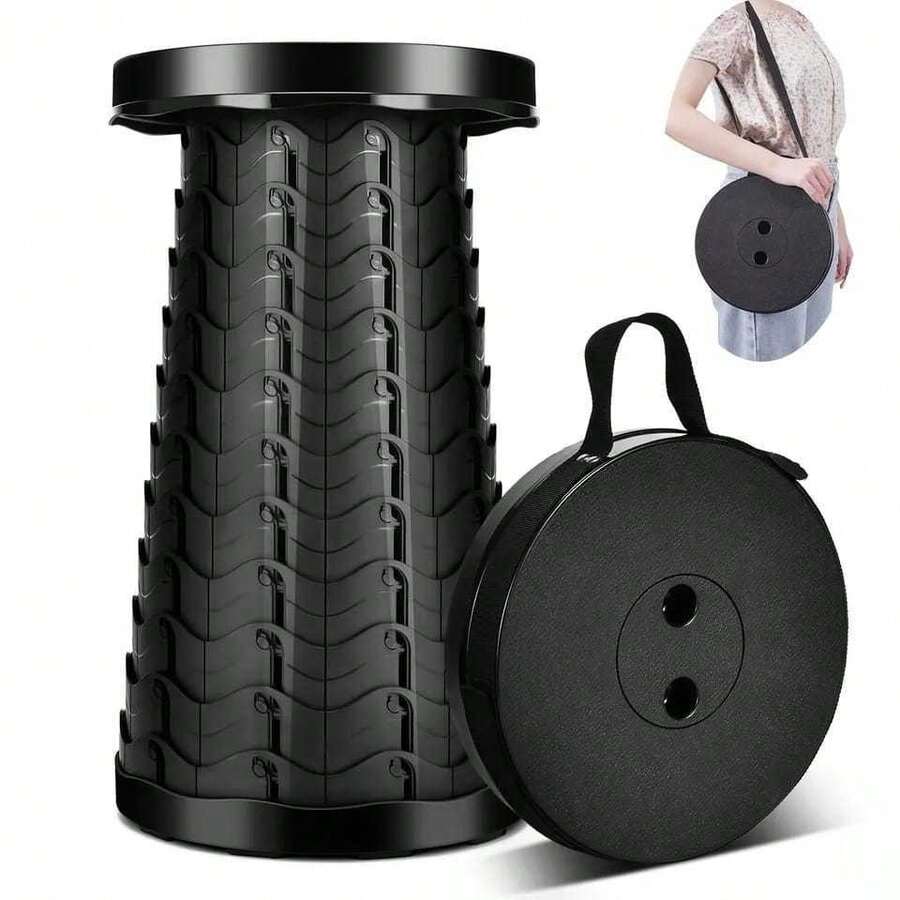 Banqueta Banco Retrátil Portátil com Alça Telescópica Banquinho Dobrável Ajustável Pesca Camping - Preto - Visão 1