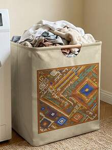 1pc Storage Basket, Laundry Basket, Washing Basket, Storage Bin, Fun Print Design, Foldable Multi-Purpose Storage Basket With Wooden Handle, Suitable For Daily Clothing Storage And Organization - Multicolor - View 5