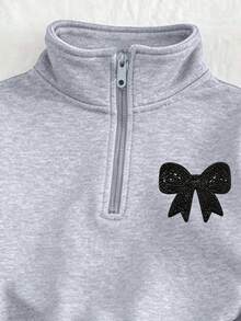 2pcs/Set Girls Black Bow Print Half-Zip Hooded Sweatshirt And Pants Set, Autumn/Winter Fashion Comfortable Outfit - Multicolor - View 5