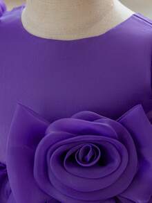 Baby Girls Puff Sleeve Floral Organza Cute First Birthday Dress, Suitable For Flower Girl Wedding, Headband Not Included - Purple - View 7