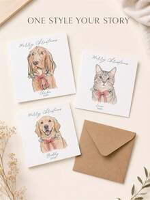 1pc Customized Watercolor Pet Photo Greeting Cards, Golden Retriever Christmas Greeting Cards, Personalized Dog Christmas Blessing Cards With Envelopes, Pet Owner Holiday Gift Cards. - Multicolor - View 5