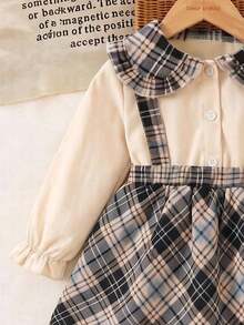 Baby Girl Long Sleeve Turn Collar Cuffed Fashion Shirt And Fashion Striped Overall Skirt - Apricot - View 3