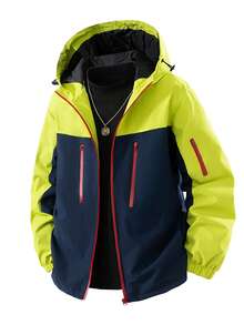 Women's Long Sleeve Drawstring Hooded Jacket, Colorblock Panel Outdoor Travel Coat - Green - View 3