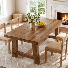 LITTLE TREE 63-Inch Solid Wood Dining Table, Farmhouse Kitchen Table For 4-6 People, Rectangular Wooden Dinner Table With Thick Top & Trestle Base,Natural Wood - Natural Wood - View 9