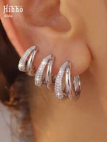 Hihho 3 Pairs European And American Copper Zirconia Double Hoop Earrings Set, Small, Medium And Large Sizes, Delicate And Versatile, Lightweight Luxury Style, Unisex Stackable Earring Set Suitable For Daily, Holiday, Travel, Work And Commute Wear - Earrings Set - View 3