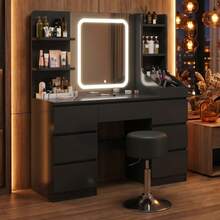 Devoko Modern Dressing Table With LED Mirror, 3 Light Colors And Dimmable Brightness, Vanity Table With 7 Drawers, Open Shelves And Optional Stool, Dressing Cabinet For Bedroom, White/Black/Pink/Vintage - Black and Dark Gray Stool - View 3