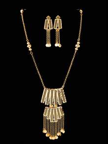 3pcs Copper Plated 18K Champagne Gold Middle Eastern Style Luxury Elegant Tassel Hollow Y-Shaped Long Necklace & Earrings Jewelry Set, Eye-Catching Necklace & Earrings For Festival, Party, Dubai Bride, Wedding, Daily Casual, Vacation, Blessing Gift Jewelry Set - Champagne - View 6
