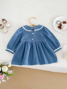 Miniweenns فستان جينز مطرز بياقة بحارة بأكمام طويلة كاجوال للخارج للبنات الصغيرات، 1 قطعة، ربيع/خريف - الأزرق - مشاهدة 8