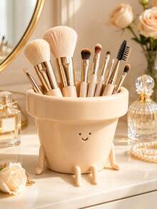 Fun Flower Pot Shaped Makeup Brush Holder, Single Cute Face Cosmetic Storage Box, Multi-Functional Makeup Tool & Pencil Holder Cup, Bedroom Vanity Bathroom Countertop Office Desk Decor - View 4