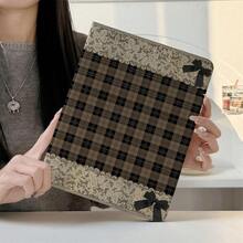 1pc Vintage Brown Plaid Lace Black Bow Print Tablet Protective Case, With Pen Slot, Multi-Angle Magnetic Stand Cover, Supports Auto Sleep/Wake, Compatible With IPad PRO/AIR, Pad 5/6/7, Pad, MatePad, Pad, Honor Pad, Pad - Multicolor - View 1