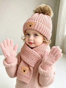 Autumn/Winter Children's Hat Set - Warm Plush Knitted Bear Design Hat, Suitable For 1-3 Years Old Boys And Girls - Multicolor - View 3
