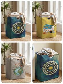 1pc Storage Basket, Laundry Hamper, Washing Basket, Storage Bin, Fun Print Design, Foldable Multi-Purpose Storage Basket With Wooden Handles, For Daily Clothing Storage And Organization - Multicolor - View 1