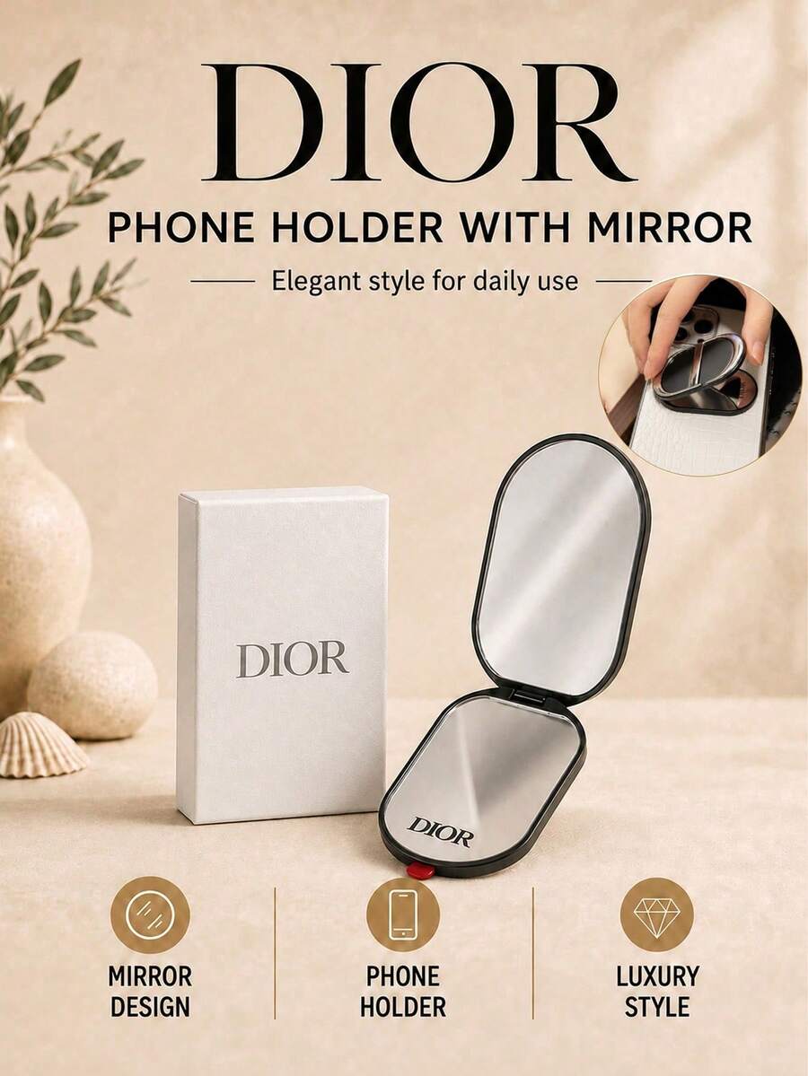 Dior Phone Stand Mirror 6.5*4.7cm, Built-In Makeup Mirror With 3M Strong Adhesive, Supports Phone, Suitable For Personal Use Or As A Gift