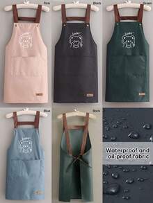 1pc Solid Color Lucky Bear Pattern Double-Sided Waterproof Barista Apron, Suitable For Home, Outdoor Kitchen And Catering Industry Floral Workwear - Multicolor - View 5
