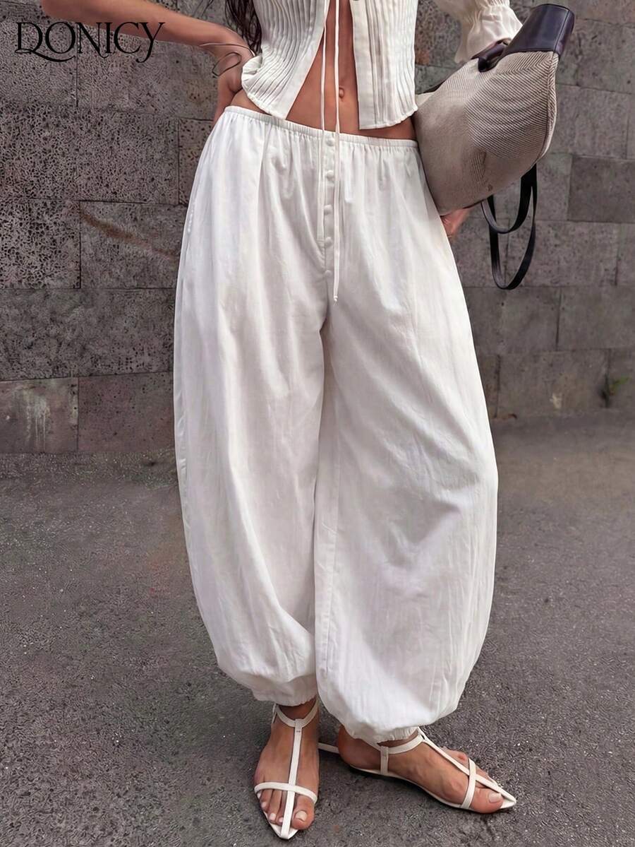 DONICY Women's Elegant High Waist Balloon Leg Pants - Spring/Summer Casual Drawstring Parachute Pants, Suitable For Daily Street Style, Vacation, Easter - White - View 1