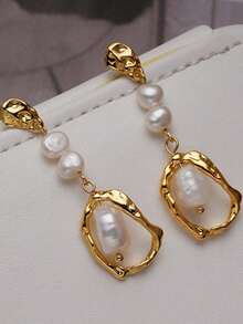 2pcs/Pair Unique Asymmetrical Geometric Stud Earrings, Fashion Baroque Style Pearl Hollow Pendant Earrings - Gold F - View 10