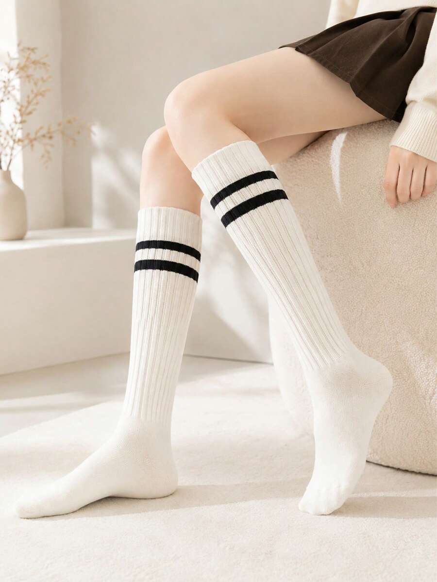 1/5 Pairs Korean Style Minimalist Fashion Striped Mid-Calf Socks, Multi-Color Versatile Odor-Resistant Sweat-Absorbing Breathable Sports Casual Socks - Multicolor - View 1