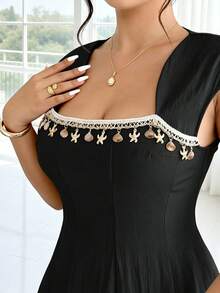 Women's Plus Size Spring/Summer 1pc Faux Linen Textured Shell & Conch Decor Tassel Waist-Cinching A-Line Casual Beach Holiday Dress - Black - View 3