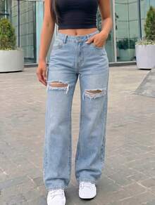 Women's High Waist Cargo Jeans With Ripped Detail, Retro Street Style, Versatile Denim Pants - Light Washed Blue 2 - View 3
