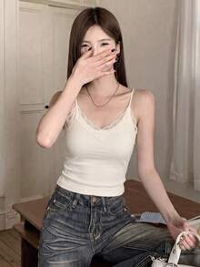 春/夏法式蕾絲杏色性感加墊背心內搭底層上衣女款休閒 - 杏色 - 查看 4