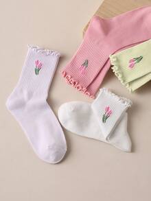 4/8 Pairs Sweet Style Tulip Floral Frill Trim Women's Mid-Calf Socks - Multicolor - View 9