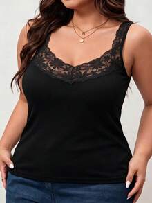 3pcs Plus Size V-Neck Floral Lace Camisole Tank Tops Women Solid Color Slim Fit Spaghetti Strap Sleeveless Top Spring Summer Versatile Inner Layer Slimming Base Layer - Multicolor - View 2
