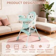Nawahev 4-In-1 Foldable Baby High Chair With Adjustable Height, Removable Double Tray, Detachable PU Seat Cushion & Lockable Wheels For Babies & Toddlers - Mint Green - View 5