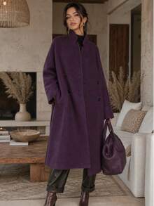 Casual Autumn/Winter Women's Wool Blend Turndown Collar Long Sleeve Warm Commuting Elegant Long Wool Blend Coat Fall - Dark Purple - View 3
