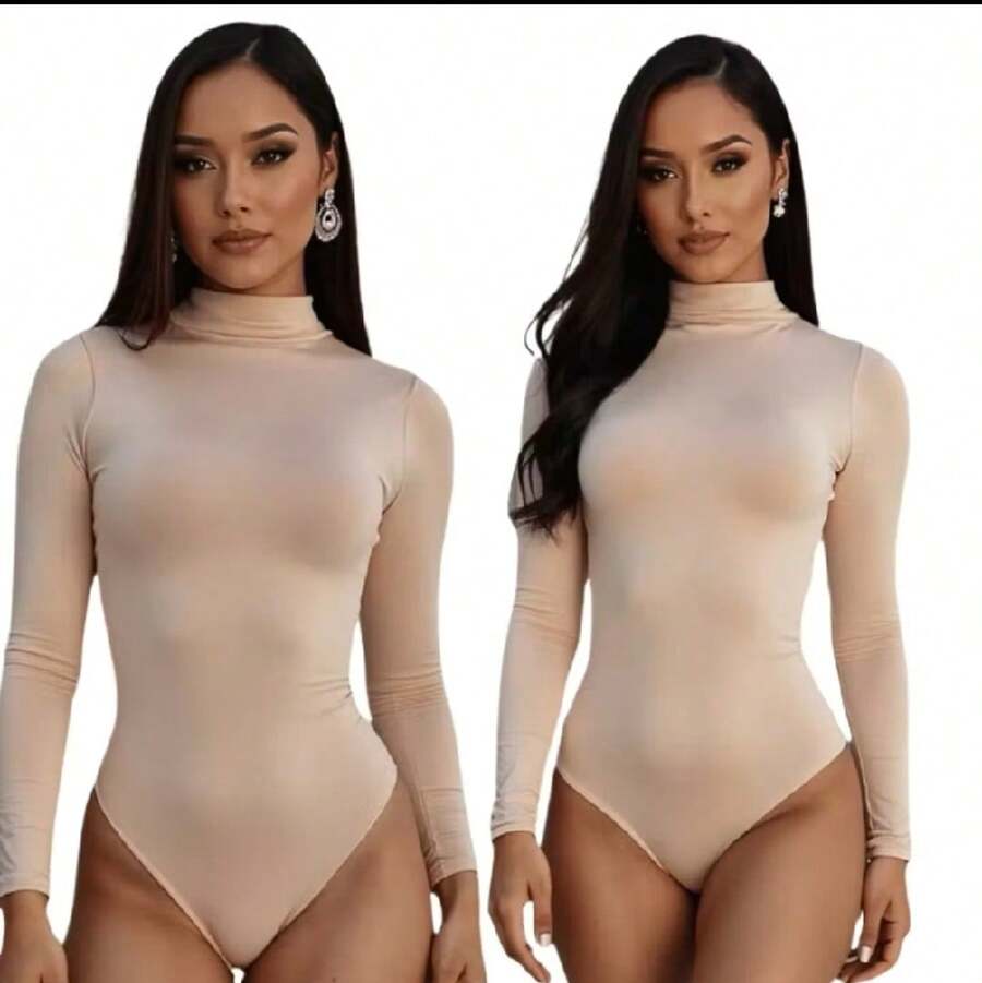 Body Feminino Básico em Suplex, Gola Alta, Manga Longa, Elasticidade Premium, Moda Casual e Social - Bege - Visão 1