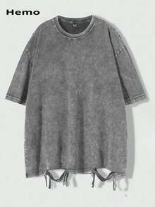 Camiseta de manga corta con cuello redondo, asimétrica y con flecos, de estilo vintage lavada - Gris - Ver 2