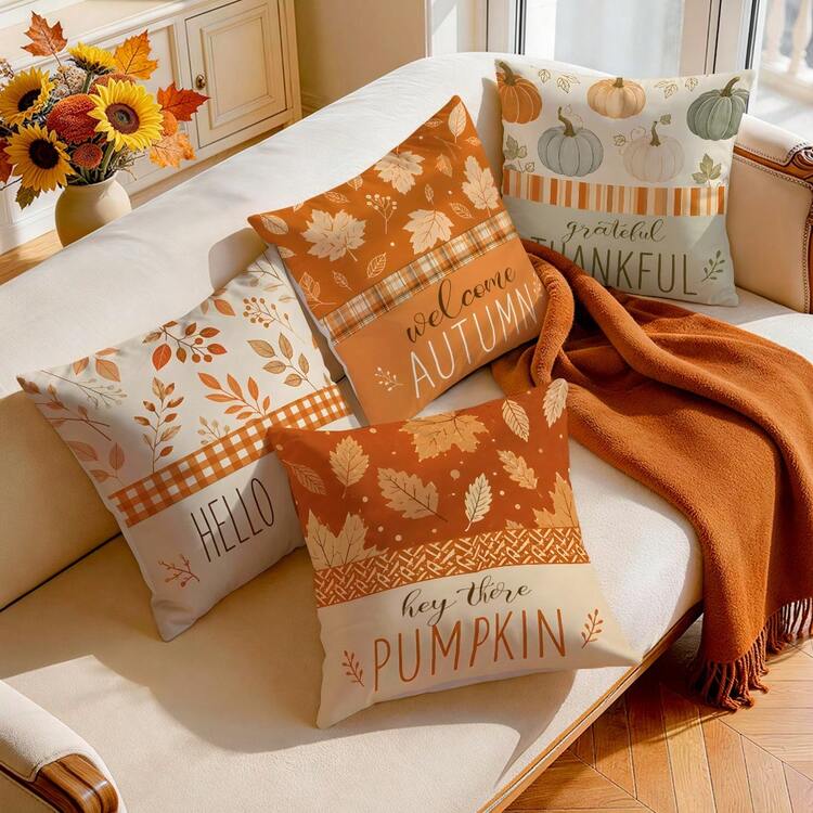 4pcs Patchwork Plaid Maple Leaf Thanksgiving Pattern Pillow Covers, Single-Sided Printed Pillow Covers, Suitable For Living Room Bedroom Home Decor, All Season Pillow Covers - Multicolor - View 9