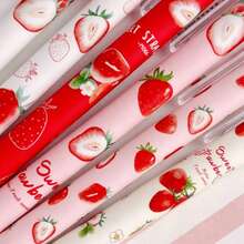 Sweet Strawberry Theme Retractable Neutral Pens, 6 Fresh Fruit Print Pen Barrels, 0.5mm Needle Tip, Quick-Dry Black Ink, Soft Pink Color Scheme, Student Study, Journaling, Girly Style Writing Stationery - Multiple Styles - View 4