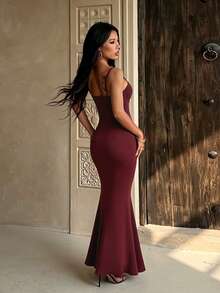 1pc Solid Color Elegant Sexy Casual Knit Fabric Lace Patchwork Dress For Party, Formal Evening, Wedding, Summer - Burgundy - View 3