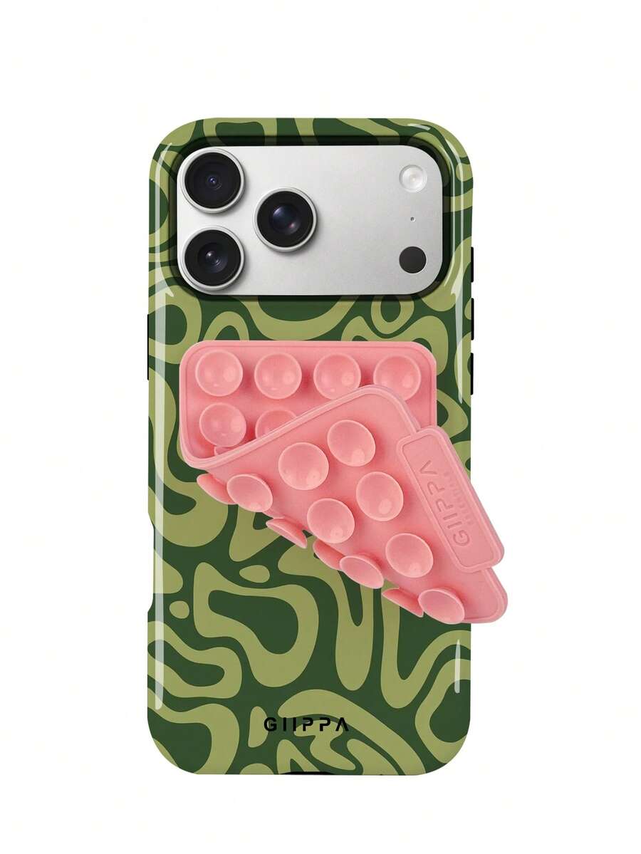 GIIPPA 1 Set Green Asymmetric Wave Pattern Phone Case + Pink Suction ...
