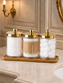 3pcs Luxury Acrylic Bathroom Storage Canisters, Gold Lid Transparent Storage Boxes With Bamboo Base, Vanity Organizer - Multicolor - View 1