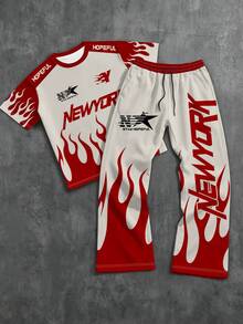 Men's Letter Print Short Sleeve T-Shirt And Long Pants Casual Daily Outfit - Multicolor - View 1
