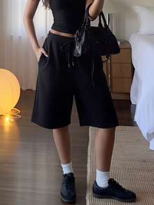Women's Bermuda Sweat Shorts, Drawstring High Waist Loose Fit Knee Length Shorts, Casual Fall Style, Fall Clothes For Women - Black - View 5